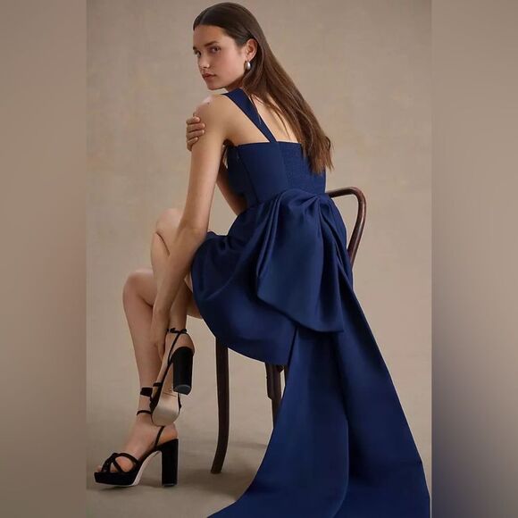 SACHIN + BABI Blaine Taffeta Square Neck Bow Train Mini Dress BHLDN Navy New 4 - Picture 6 of 12